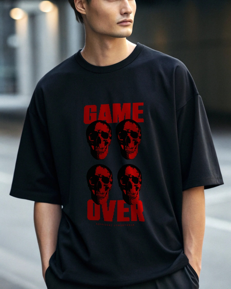 Game Over Premium Black Drop Shoulder Digital Printed T-Shirt