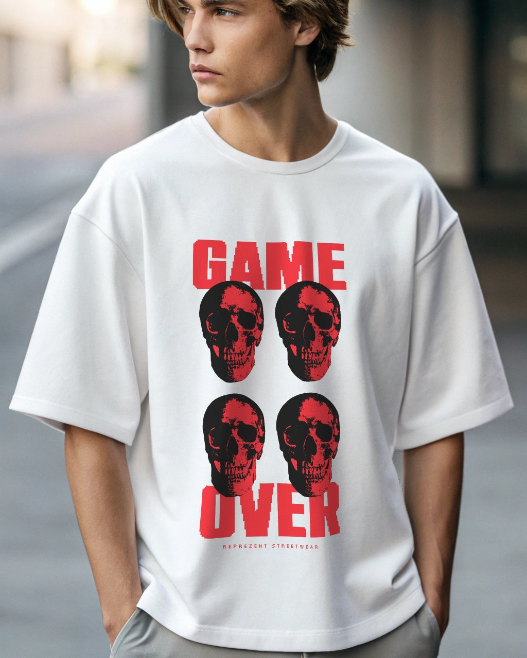 Game Over Premium White Drop Shoulder Digital Printed T-Shirt