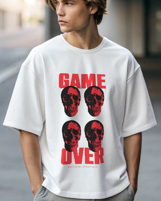 Game Over Premium White Drop Shoulder Digital Printed T-Shirt
