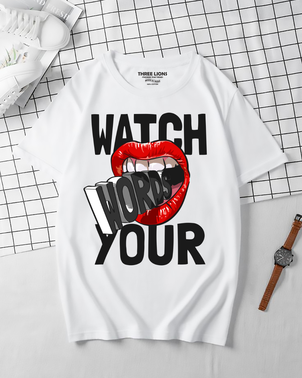 Premium Watch Your Words Lips Graphic White T-Shirt