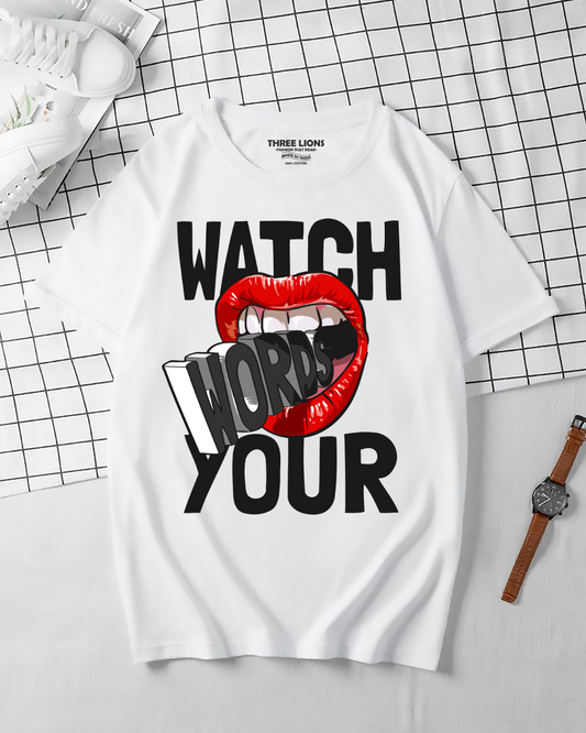 Premium Watch Your Words Lips Graphic White T-Shirt