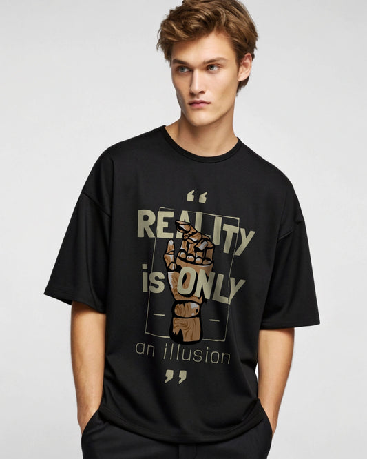 Reality Is Only Premium Black Drop Shoulder Digital Printed T-Shirt