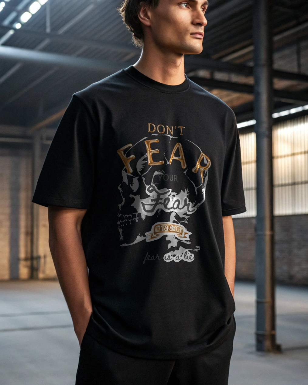 Don't Fear Premium Black Drop Shoulder Digital Printed T-Shirt