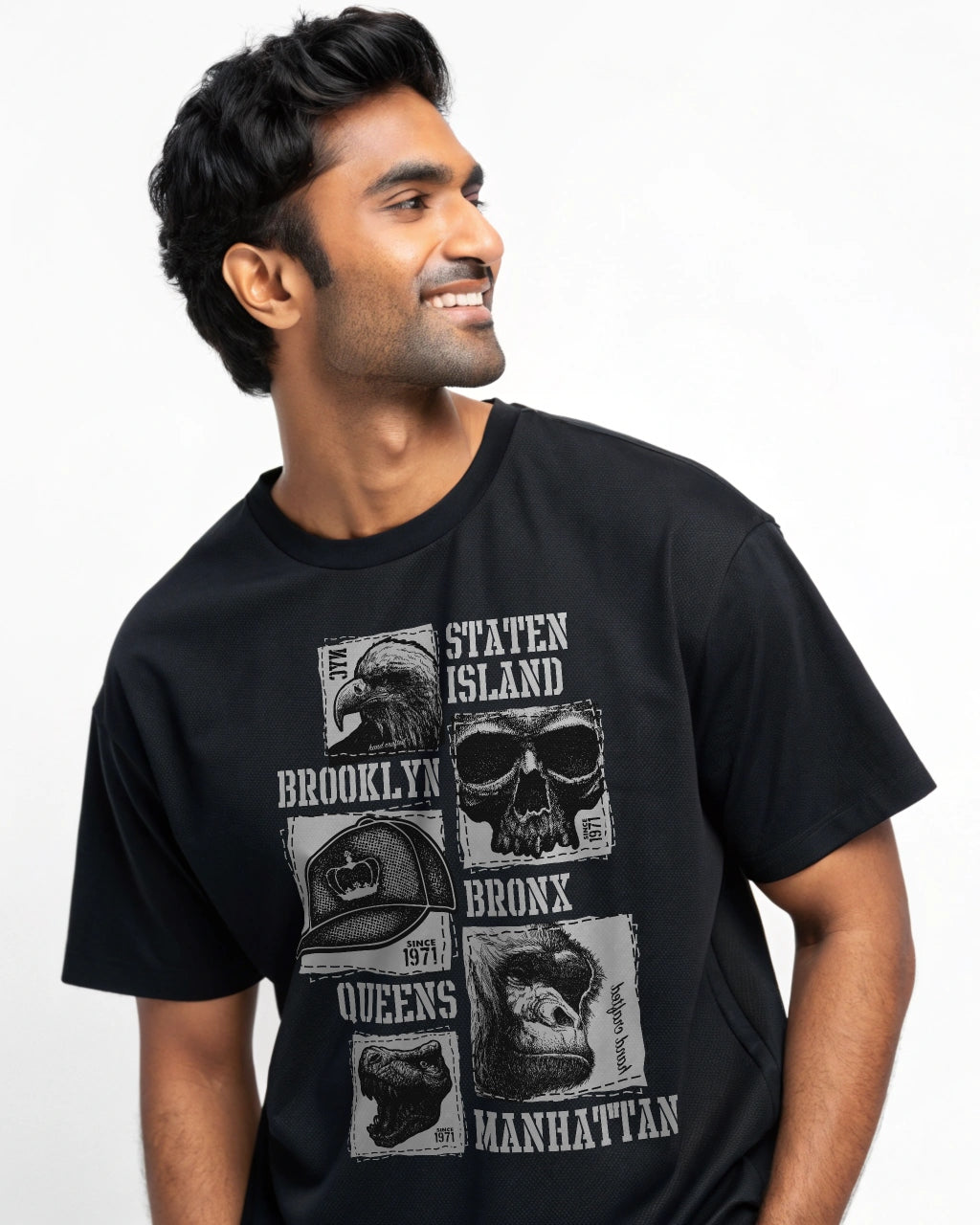 Staten island Premium Black Drop Shoulder Digital Printed T-Shirt