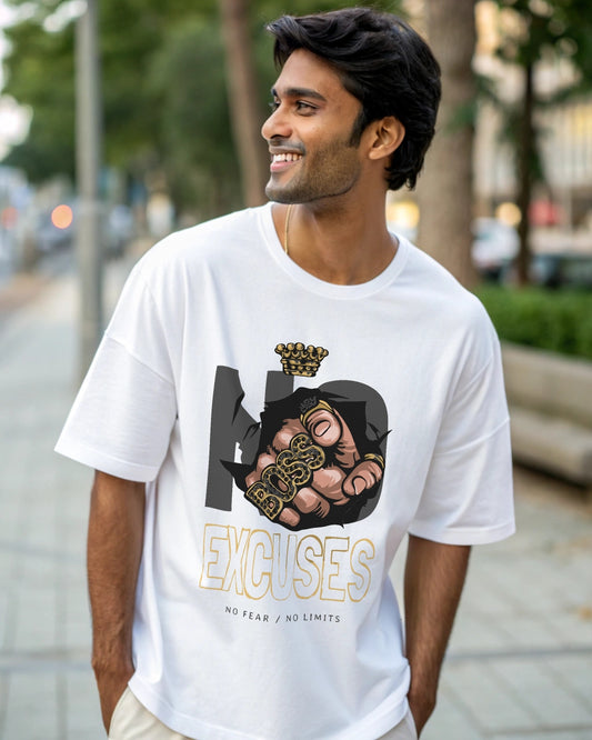 Boss Excuses Premium White Drop Shoulder Digital Printed T-Shirt