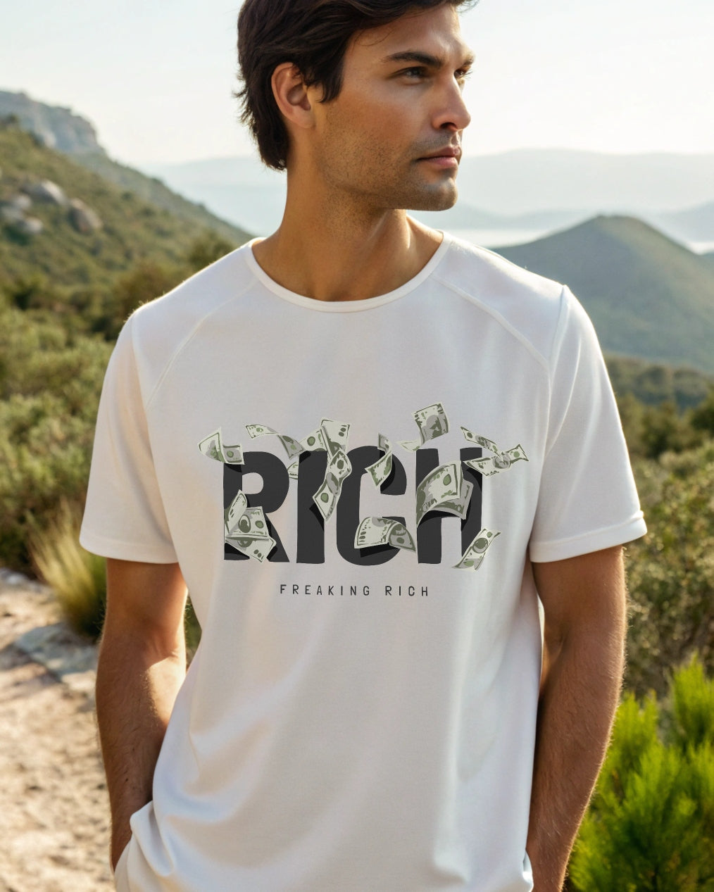 Rich Premium White Drop Shoulder Digital Printed T-Shirt