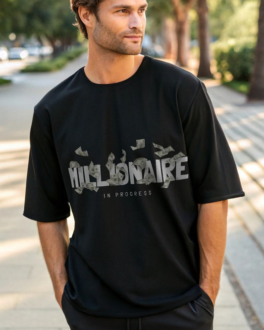 Millionaire Premium Black Drop Shoulder Digital Printed T-Shirt