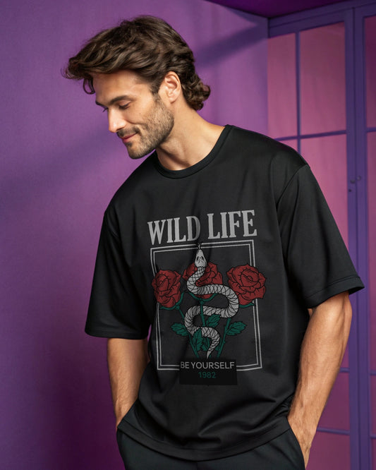 Wild Life Premium Black Drop Shoulder Digital Printed T-Shirt