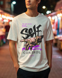 Self Control Premium White Drop Shoulder Digital Printed T-Shirt