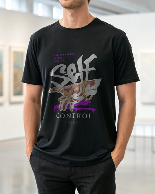 Self Control Premium Black Drop Shoulder Digital Printed T-Shirt