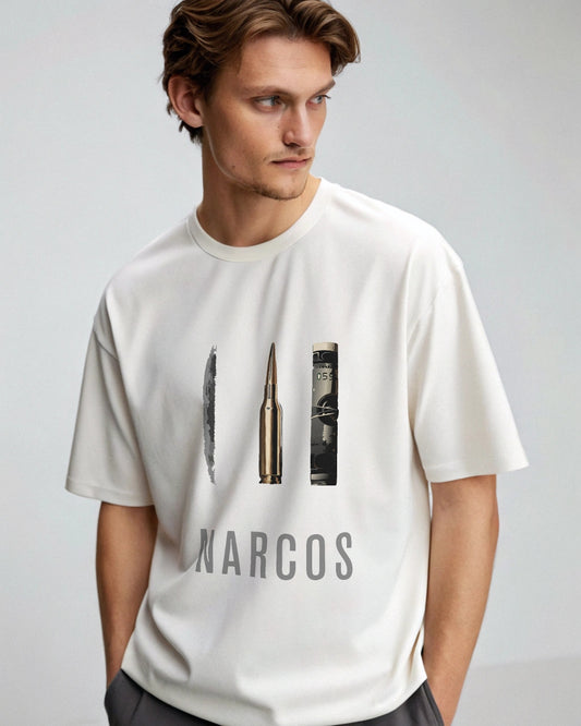 Narcos Premium White Drop Shoulder Digital Printed T-Shirt