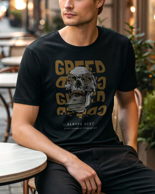 Greed Premium Black Drop Shoulder Digital Printed T-Shirt
