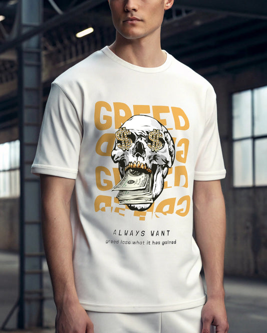 Greed Premium White Drop Shoulder Digital Printed T-Shirt