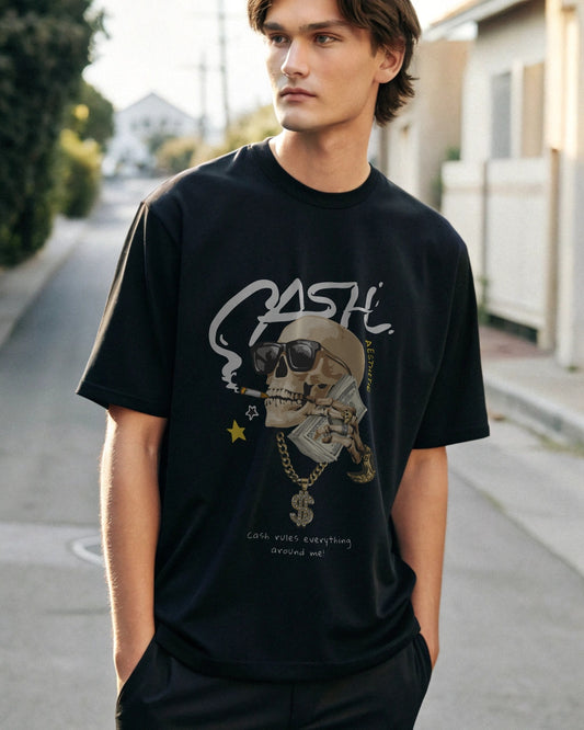 Cash Premium Black Drop Shoulder Digital Printed T-Shirt