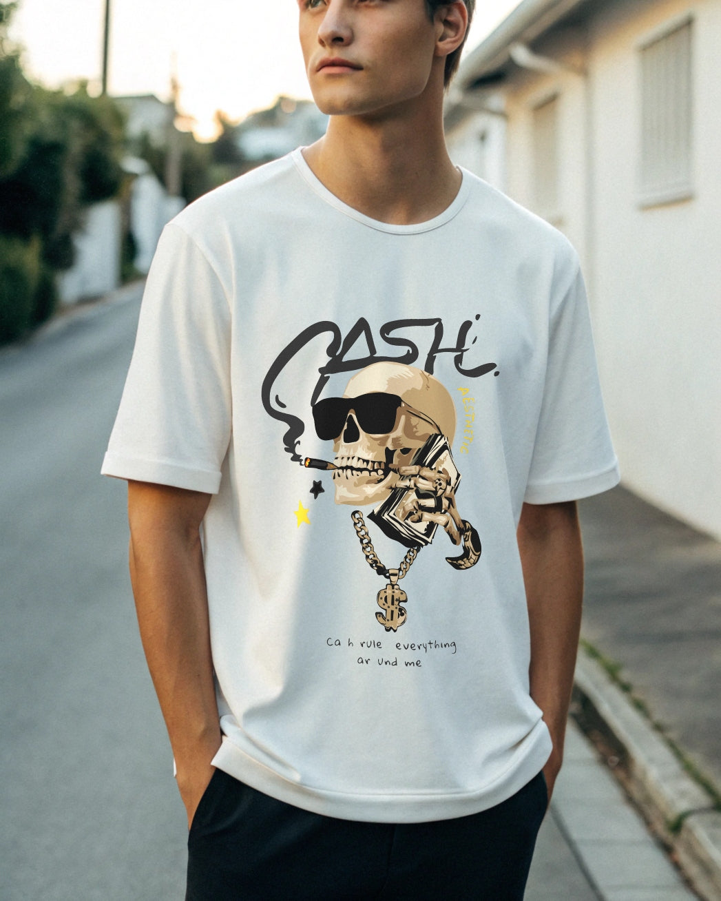 Cash Premium White Drop Shoulder Digital Printed T-Shirt