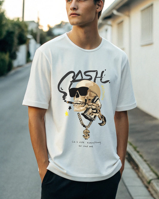 Cash Premium White Drop Shoulder Digital Printed T-Shirt