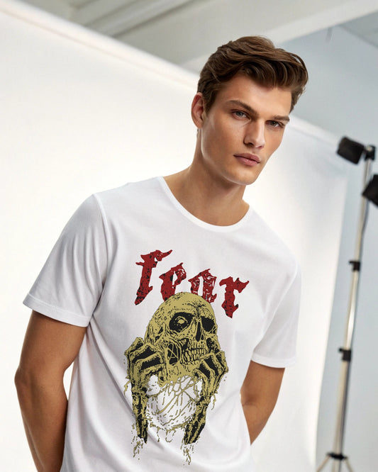 Fear Premium White Drop Shoulder Digital Printed T-Shirt