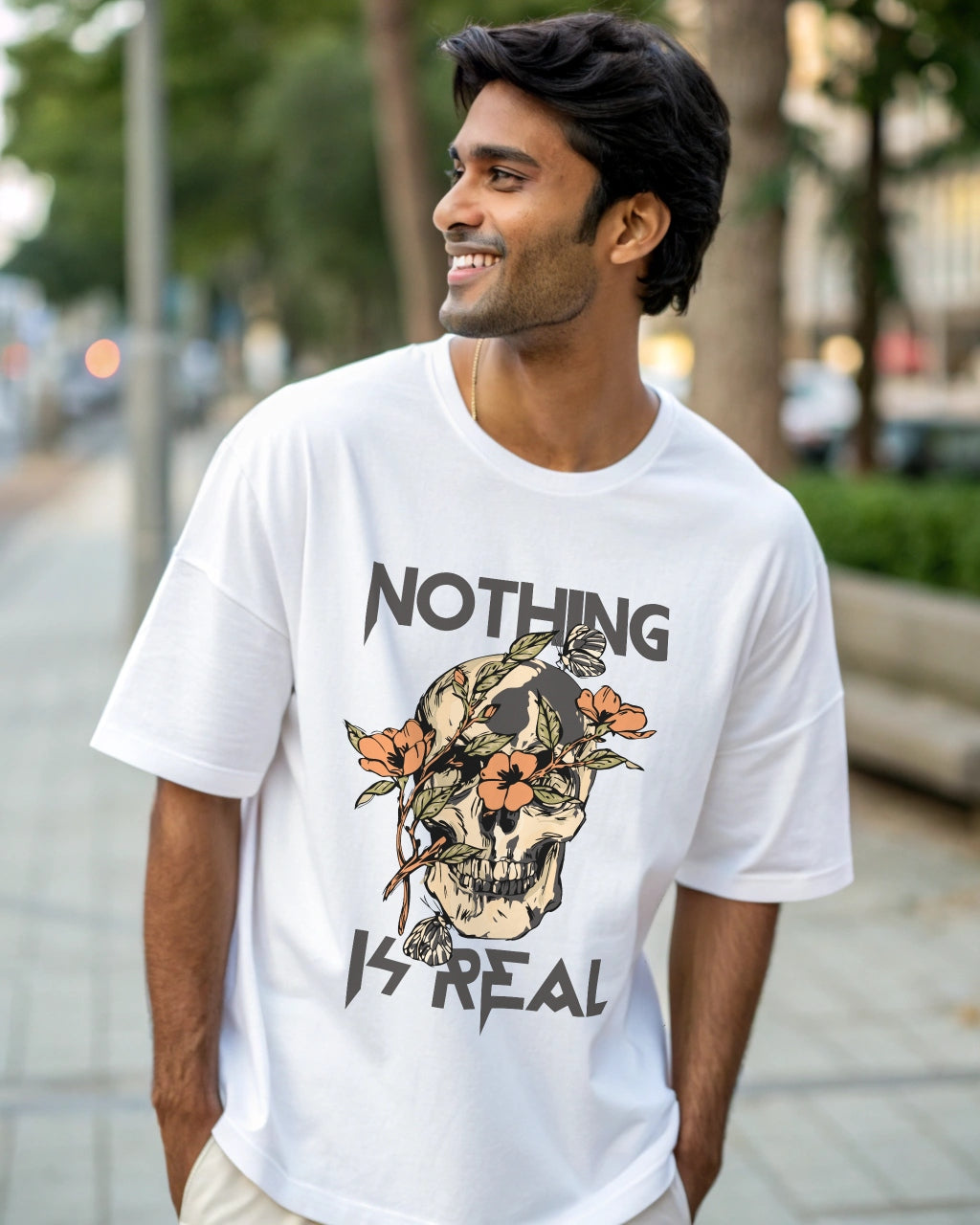Nothing Premium White Drop Shoulder Digital Printed T-Shirt