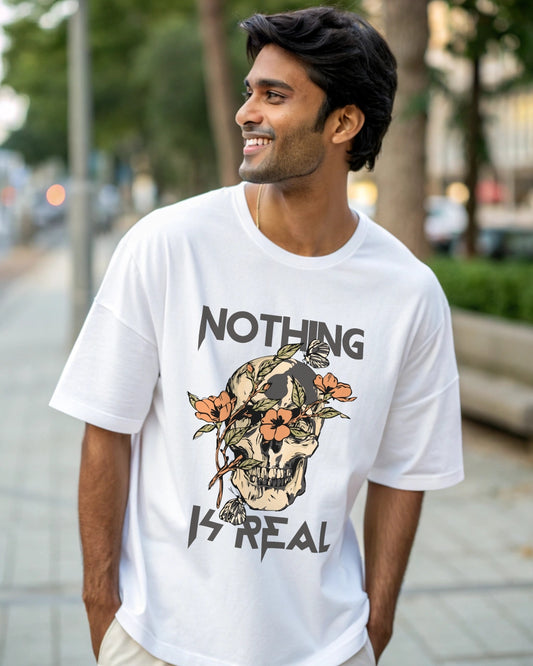 Nothing Premium White Drop Shoulder Digital Printed T-Shirt