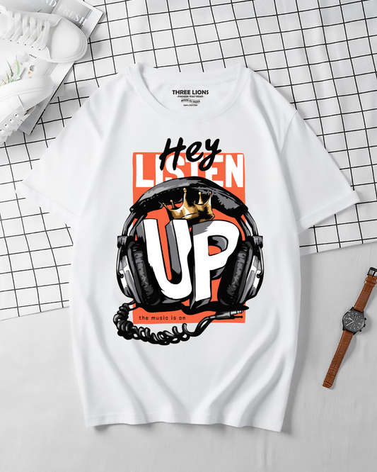 Premium Hey Listen Up Music Graphic White T-Shirt