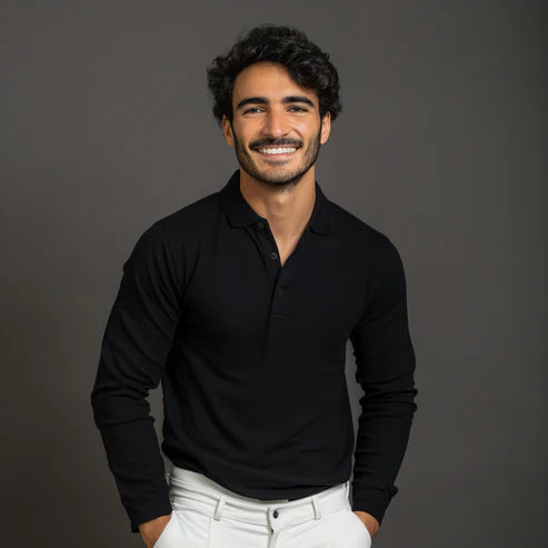 Elegant Black Long-Sleeve Polo – Timeless Style & Comfort Demo