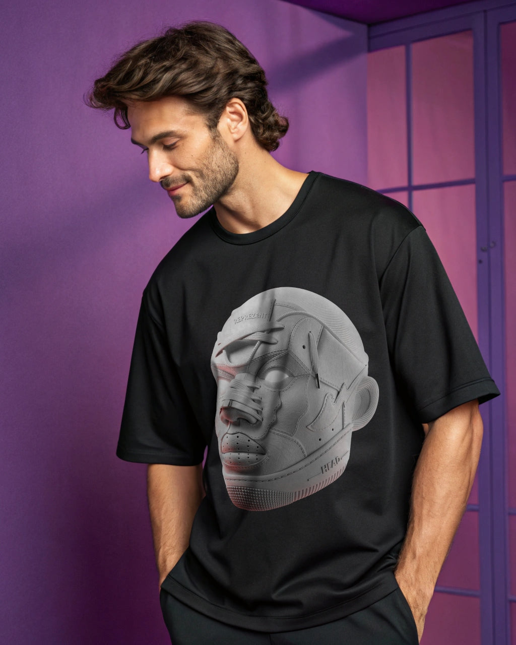 Reprezent Head premium Black Drop Shoulder Digital Printed T-Shirt